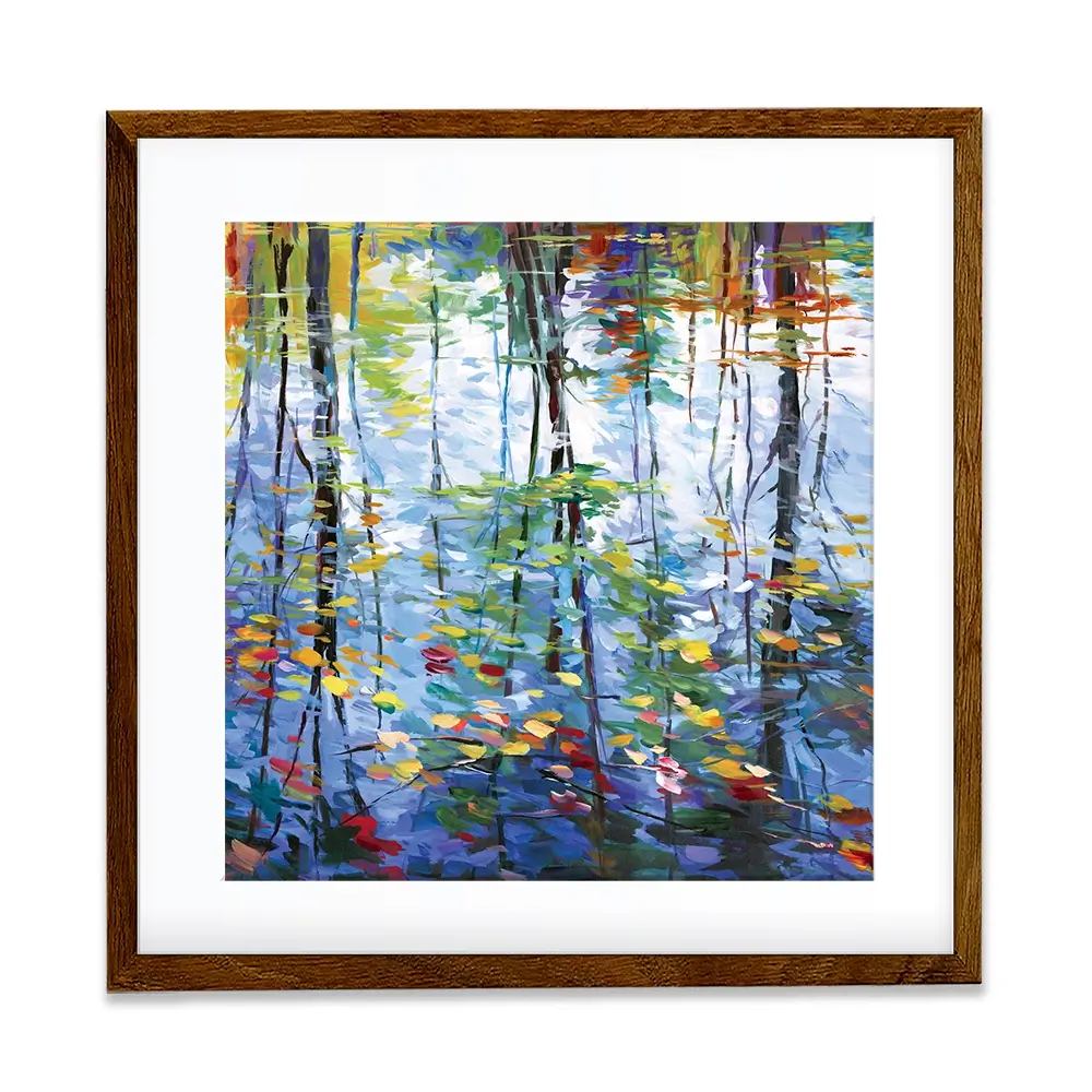 Impressionistic Reflection Of Autumn Trees And Leaves On Water Square Framed Art Print Impressionistic Reflection Of Autumn Trees And Leaves On Water Square Framed Art Print wall art product Leon Devenice