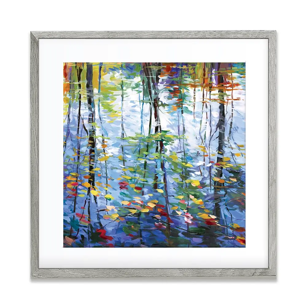 Impressionistic Reflection Of Autumn Trees And Leaves On Water Square Framed Art Print Impressionistic Reflection Of Autumn Trees And Leaves On Water Square Framed Art Print wall art product Leon Devenice