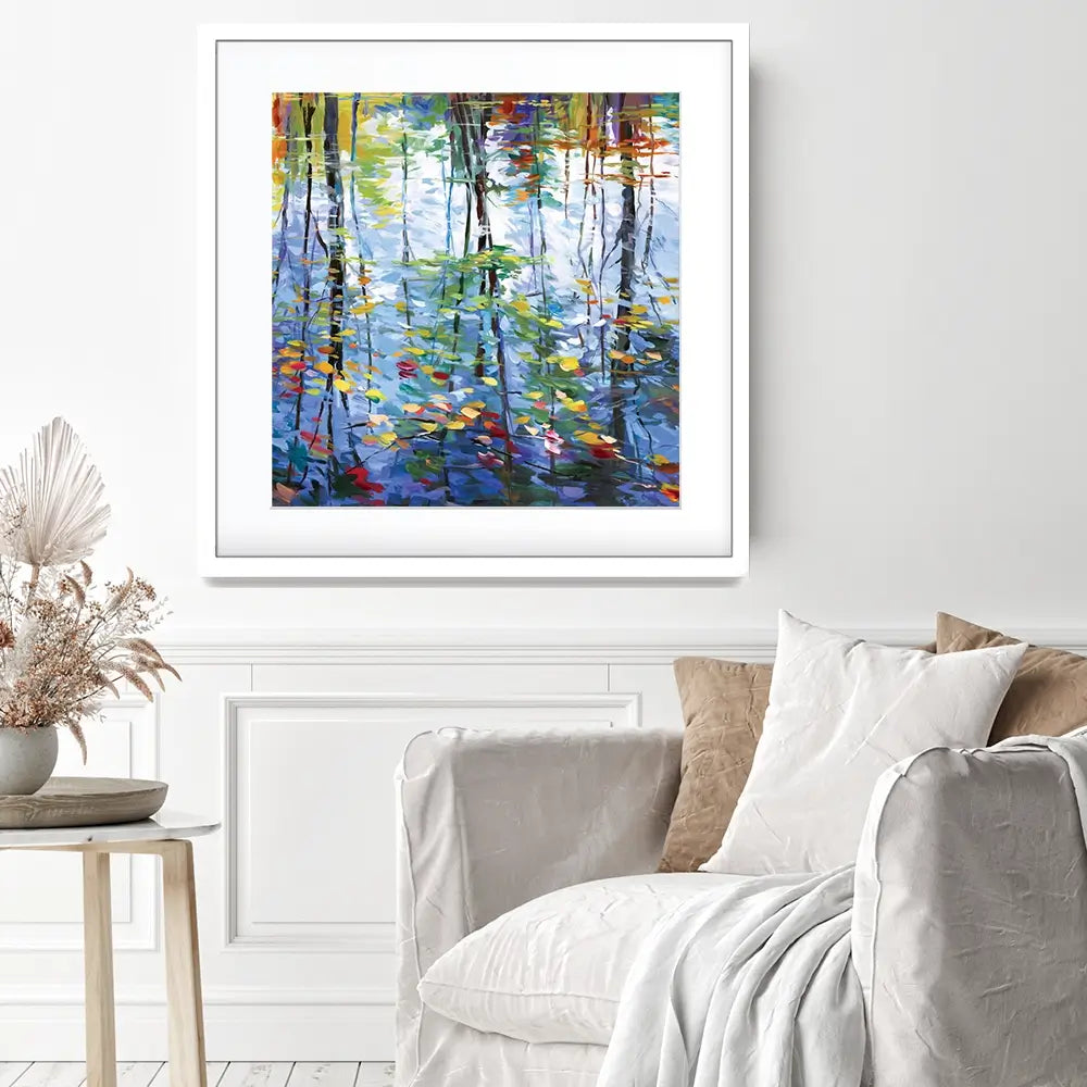 Impressionistic Reflection Of Autumn Trees And Leaves On Water Square Framed Art Print Impressionistic Reflection Of Autumn Trees And Leaves On Water Square Framed Art Print wall art product Leon Devenice