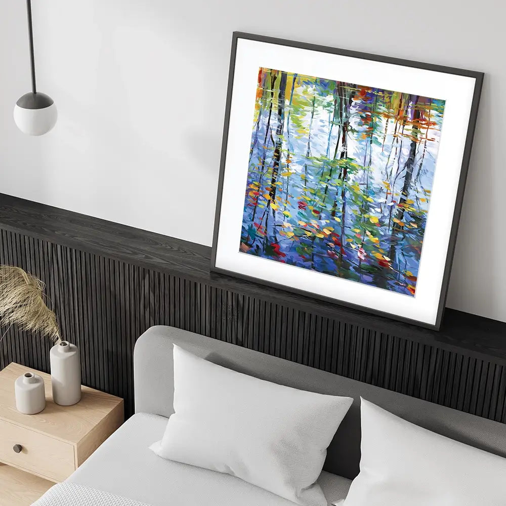 Impressionistic Reflection Of Autumn Trees And Leaves On Water Square Framed Art Print Impressionistic Reflection Of Autumn Trees And Leaves On Water Square Framed Art Print wall art product Leon Devenice