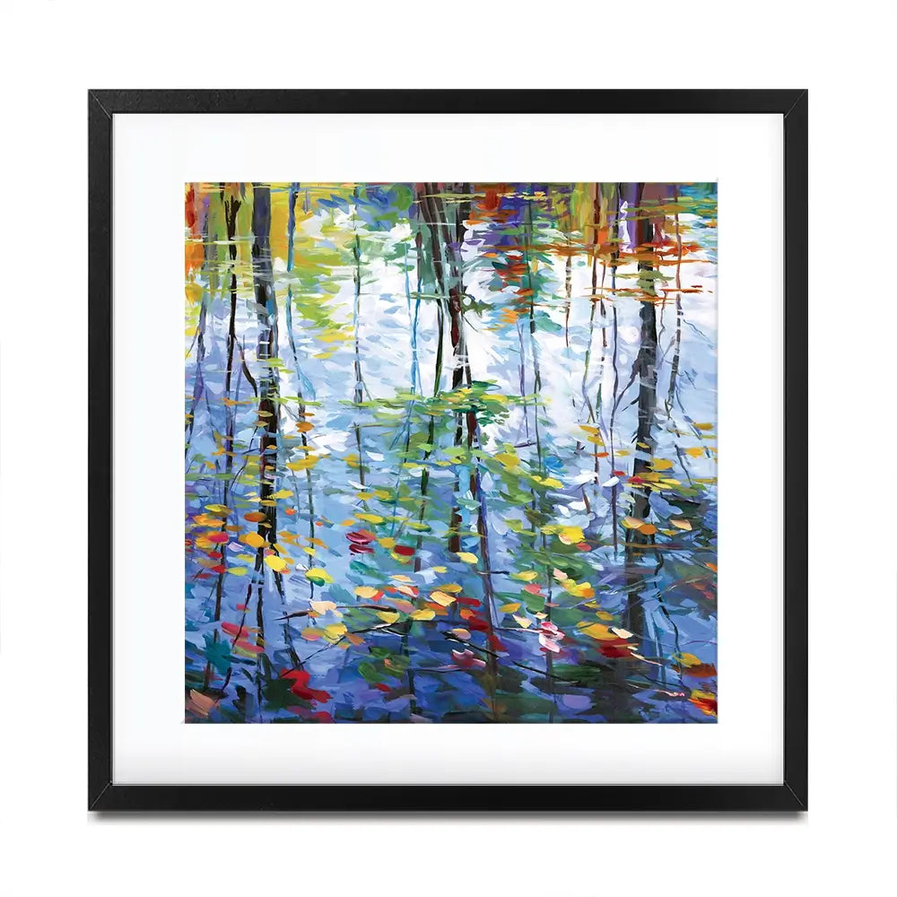 Impressionistic Reflection Of Autumn Trees And Leaves On Water Square Framed Art Print Impressionistic Reflection Of Autumn Trees And Leaves On Water Square Framed Art Print wall art product Leon Devenice