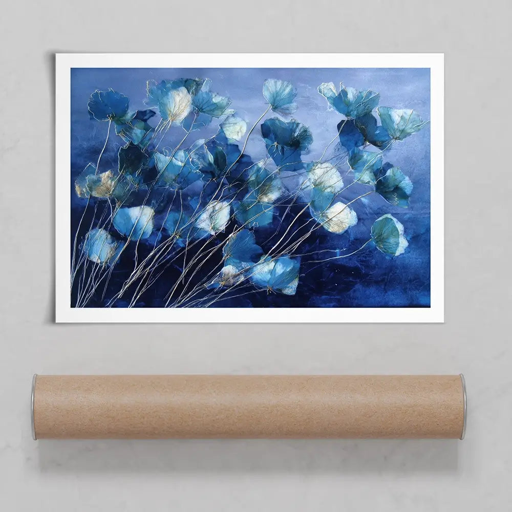 Indigo Flowers With Gold Lines Art Print Indigo Flowers With Gold Lines Art Print wall art product Chromatic Storm Studio