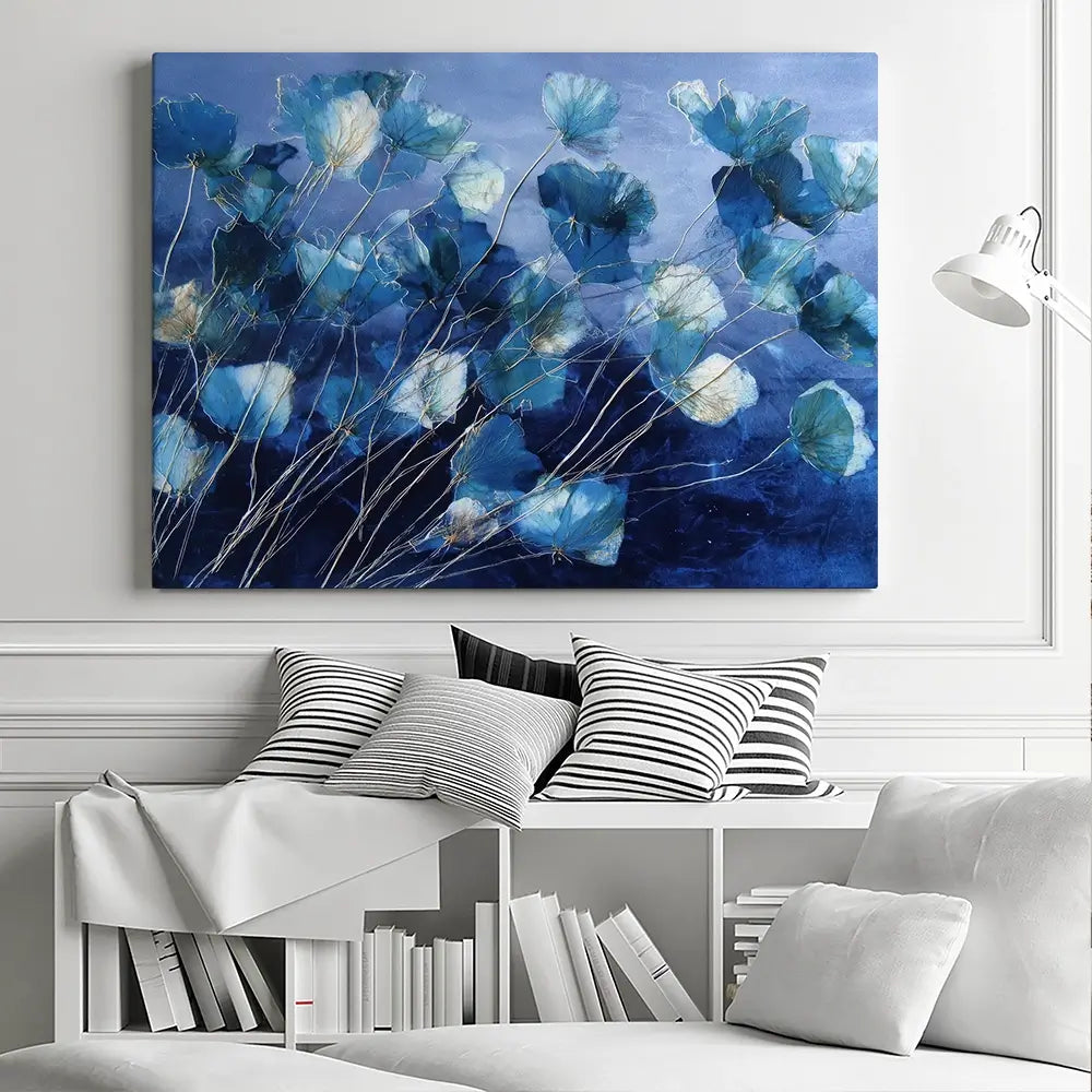 Indigo Flowers With Gold Lines Canvas Print Indigo Flowers With Gold Lines Canvas Print wall art product Chromatic Storm Studio
