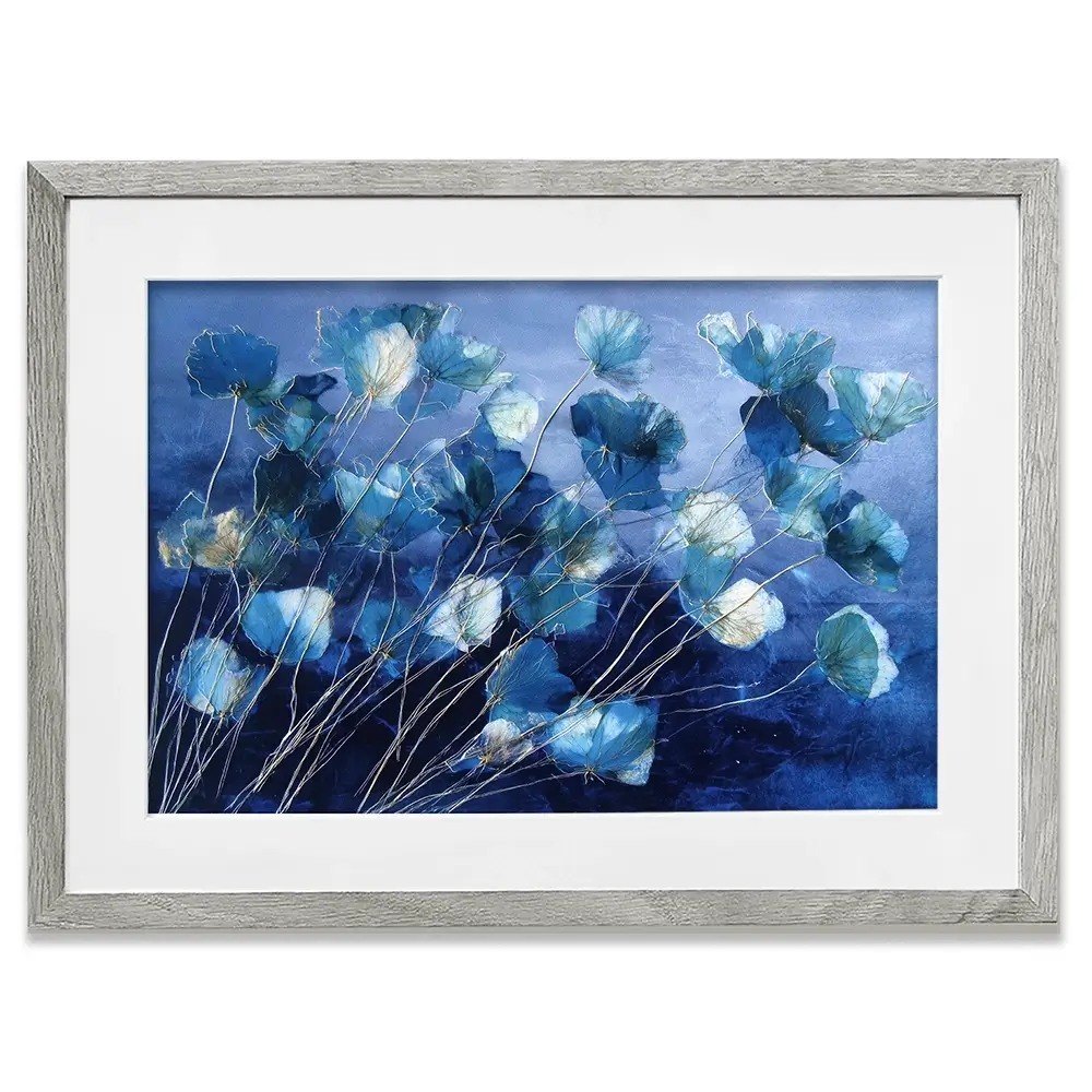 Indigo Flowers With Gold Lines Framed Art Print Indigo Flowers With Gold Lines Framed Art Print wall art product Chromatic Storm Studio
