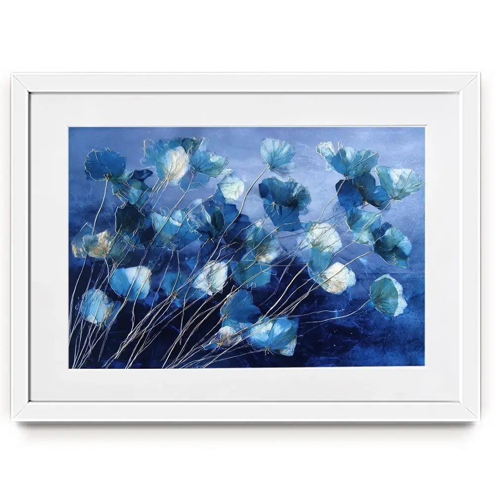 Indigo Flowers With Gold Lines Framed Art Print Indigo Flowers With Gold Lines Framed Art Print wall art product Chromatic Storm Studio