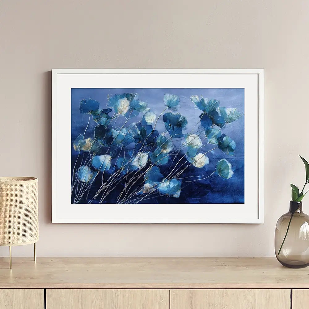 Indigo Flowers With Gold Lines Framed Art Print Indigo Flowers With Gold Lines Framed Art Print wall art product Chromatic Storm Studio
