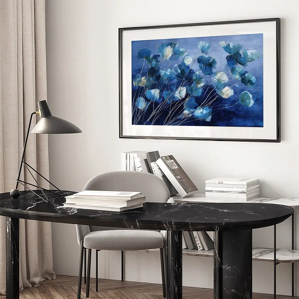 Indigo Flowers With Gold Lines Framed Art Print Indigo Flowers With Gold Lines Framed Art Print wall art product Chromatic Storm Studio