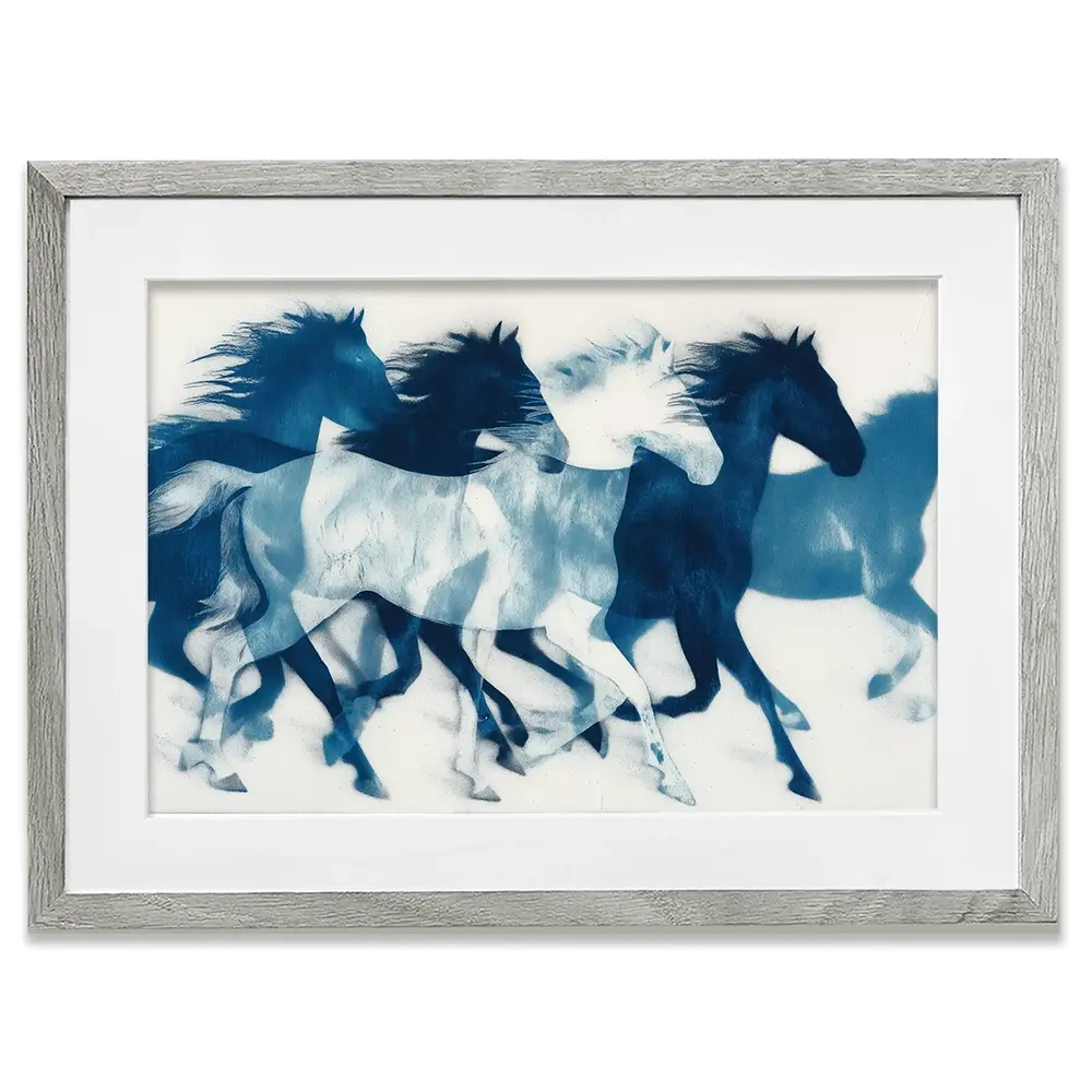 Indigo Running Horses Framed Art Print Indigo Running Horses Framed Art Print wall art product Chromatic Storm Studio