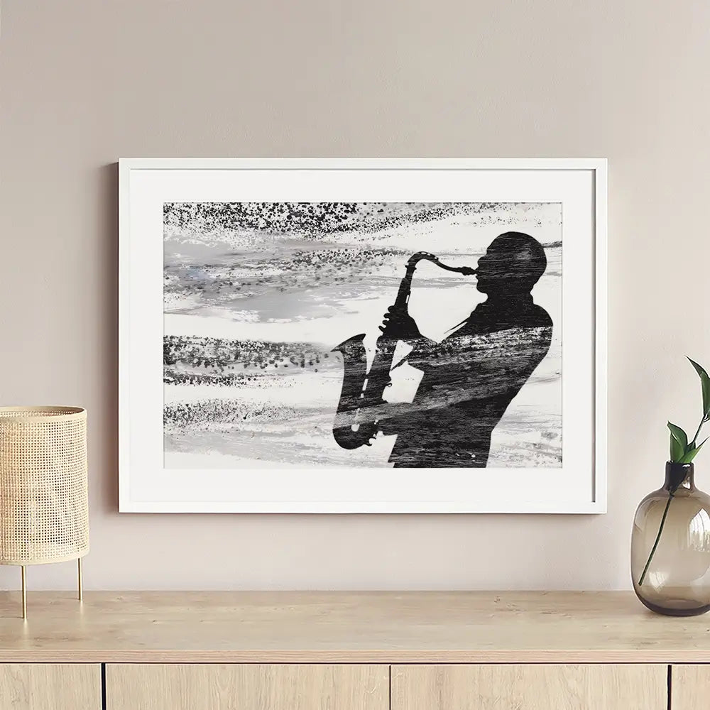 Jazz Silhouette Framed Art Print Jazz Silhouette Framed Art Print wall art product Chromatic Storm Studio