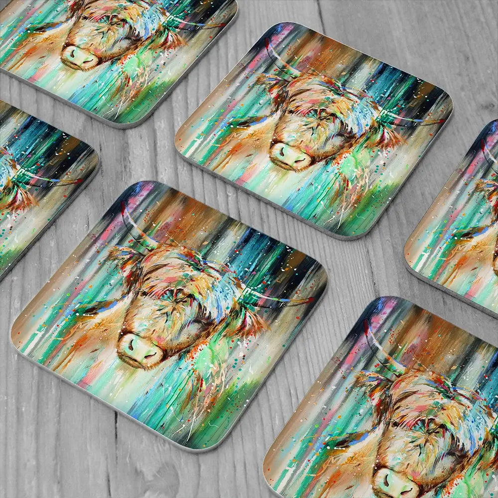 Jazzy Highland Cow Coaster Set Jazzy Highland Cow Coaster Set wall art product Studio Paint-Ing