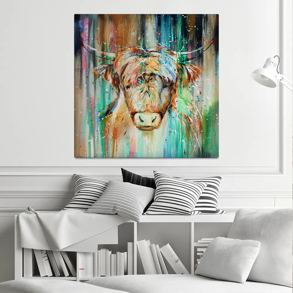Jazzy Highland Cow Square Canvas Print Jazzy Highland Cow Square Canvas Print wall art product Studio Paint-Ing