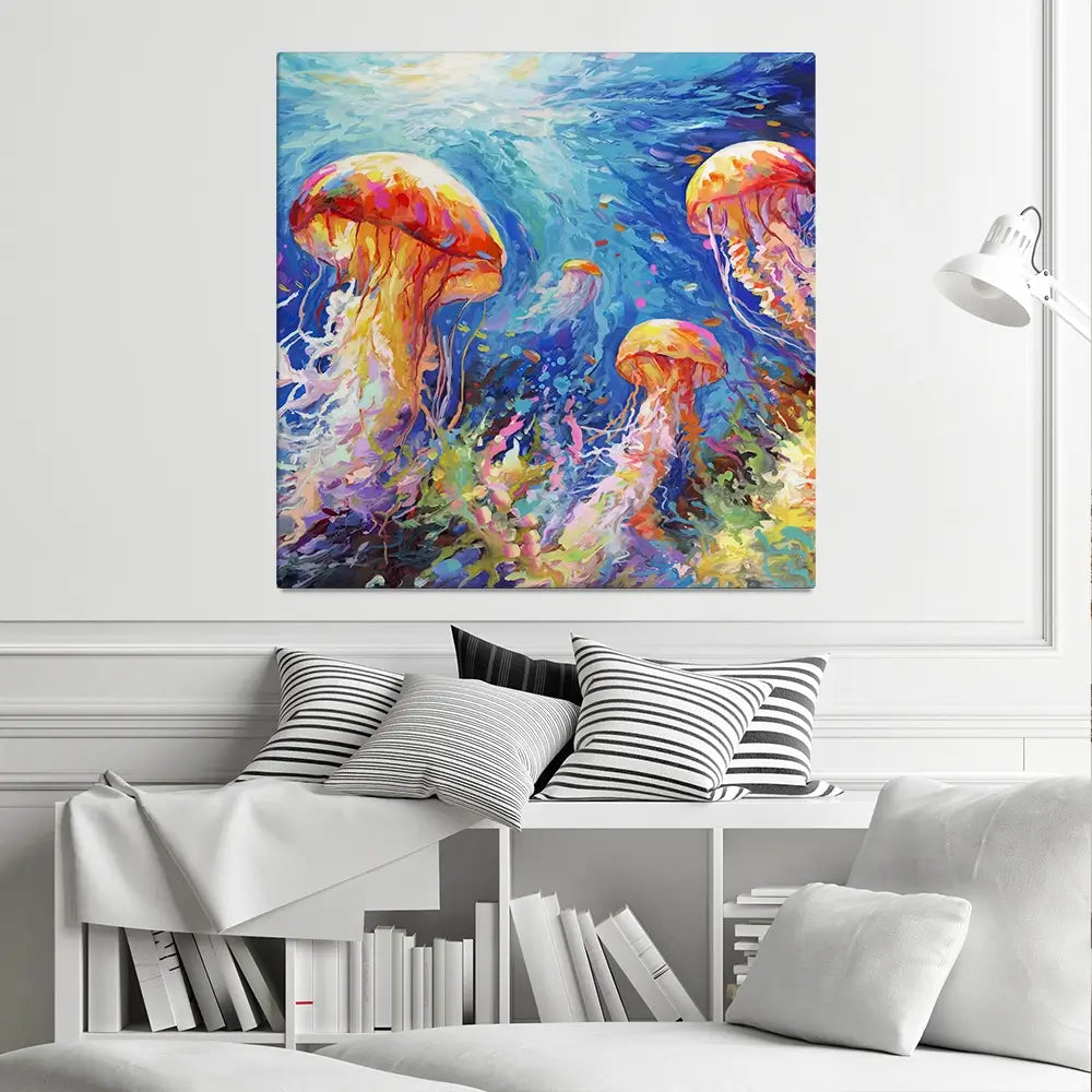 Jellyfish Serenade Square Canvas Print Jellyfish Serenade Square Canvas Print wall art product Art Print Shop