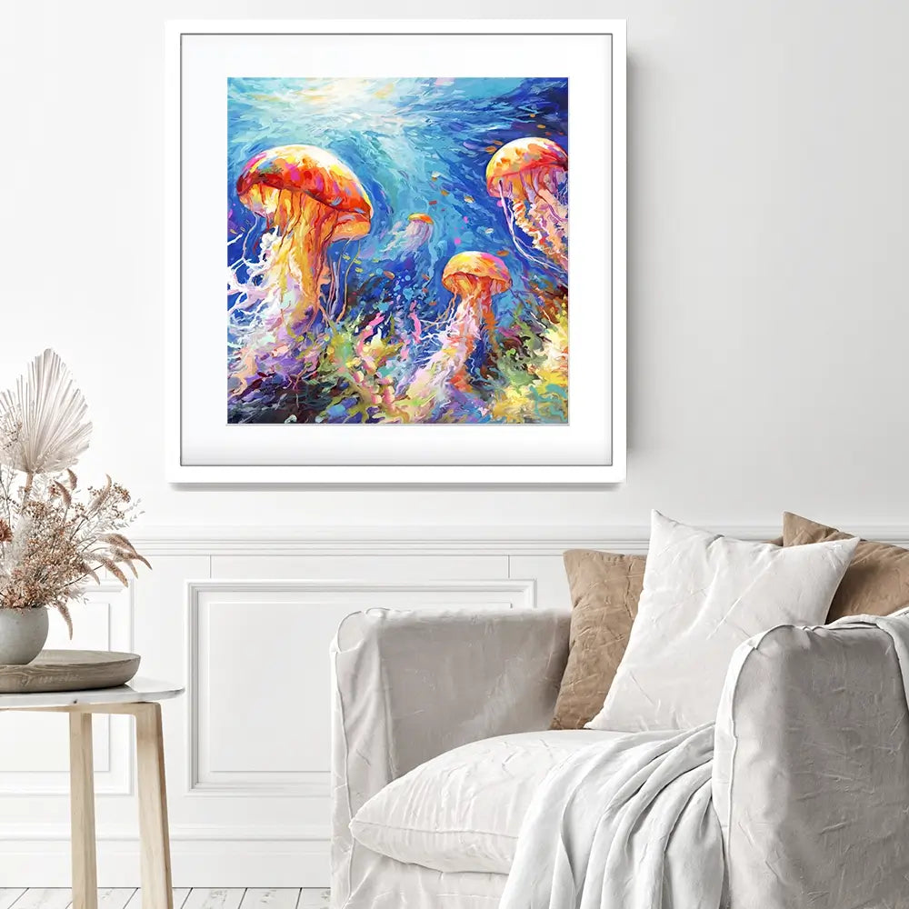 Jellyfish Serenade Square Framed Art Print Jellyfish Serenade Square Framed Art Print wall art product Art Print Shop