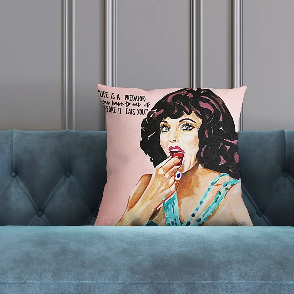 Joan Collins Life Is A Predator Cushion Joan Collins Life Is A Predator Cushion wall art product Juliet Stockton