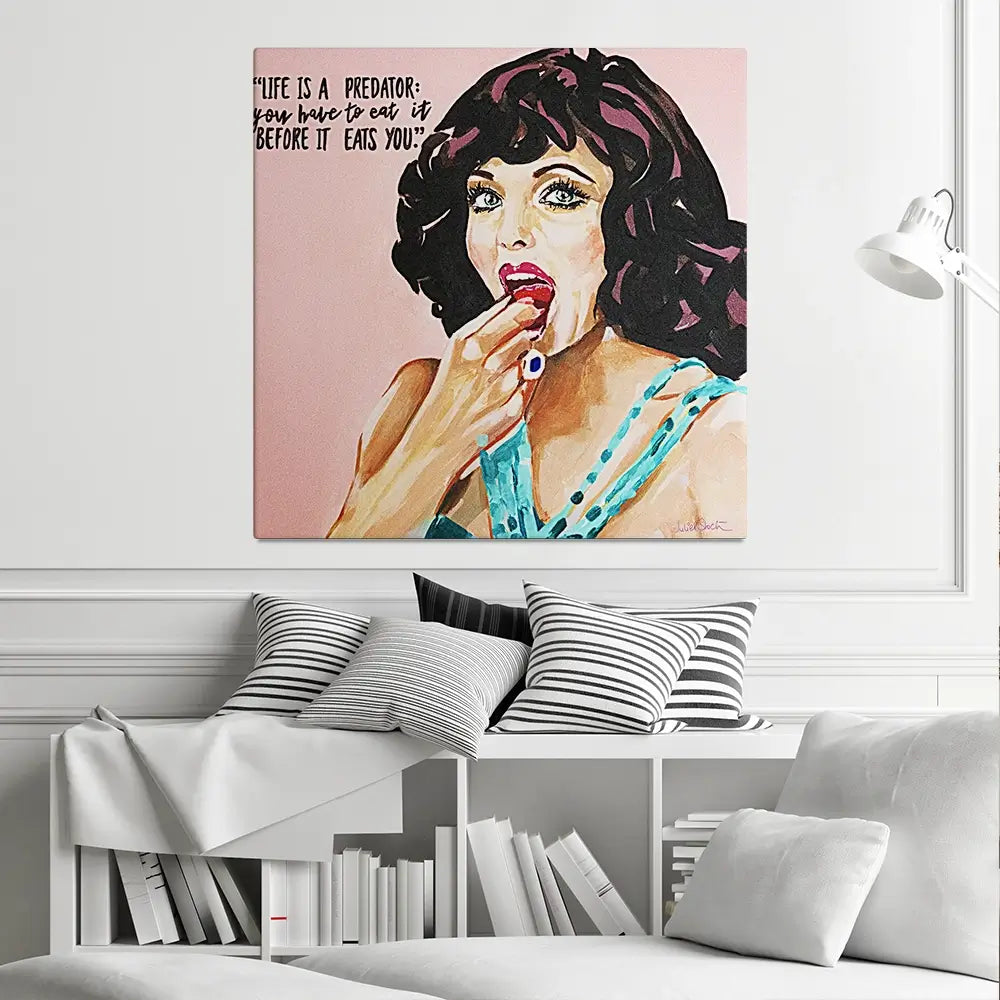 Joan Collins Life Is A Predator Square Canvas Print Joan Collins Life Is A Predator Square Canvas Print wall art product Juliet Stockton