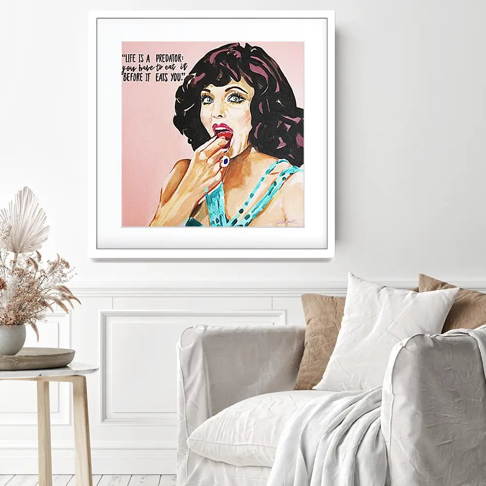 Joan Collins Life Is A Predator Square Framed Art Print Joan Collins Life Is A Predator Square Framed Art Print wall art product Juliet Stockton