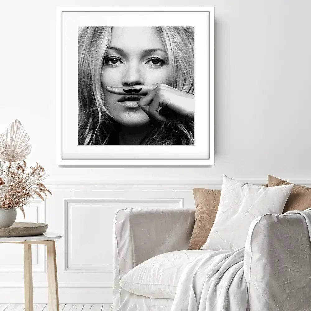 Kate Moss Moustache Square Framed Art Print Kate Moss Moustache Square Framed Art Print wall art product S Megalos