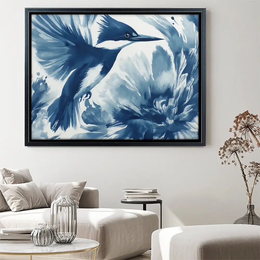 Kingfisher In Motion Indigo Wash Canvas Print Kingfisher In Motion Indigo Wash Canvas Print wall art product Chromatic Storm Studio