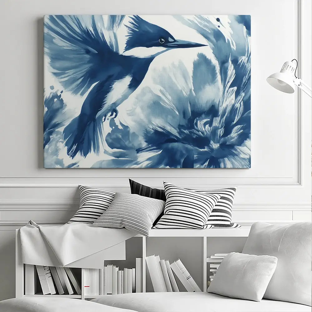 Kingfisher In Motion Indigo Wash Canvas Print Kingfisher In Motion Indigo Wash Canvas Print wall art product Chromatic Storm Studio