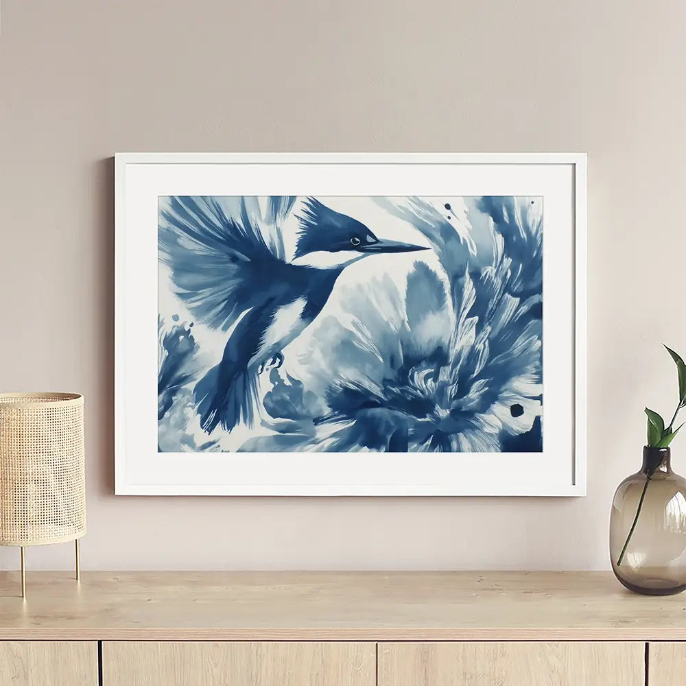 Kingfisher In Motion Indigo Wash Framed Art Print Kingfisher In Motion Indigo Wash Framed Art Print wall art product Chromatic Storm Studio