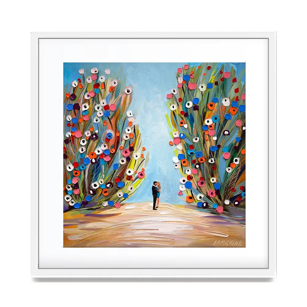 Kiss In The Blooming Garden Square Framed Art Print Kiss In The Blooming Garden Square Framed Art Print wall art product Ekaterina Ermilkina
