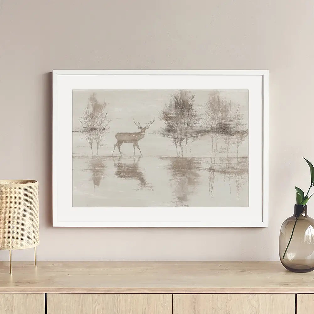 Lake Stag Reflection Framed Art Print Lake Stag Reflection Framed Art Print wall art product Chromatic Storm Studio