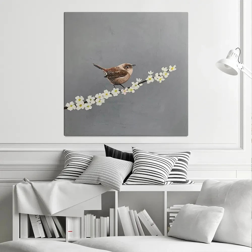 Little Wren On Cherry Blossom Canvas Print Little Wren On Cherry Blossom Canvas Print wall art product Laure Bury