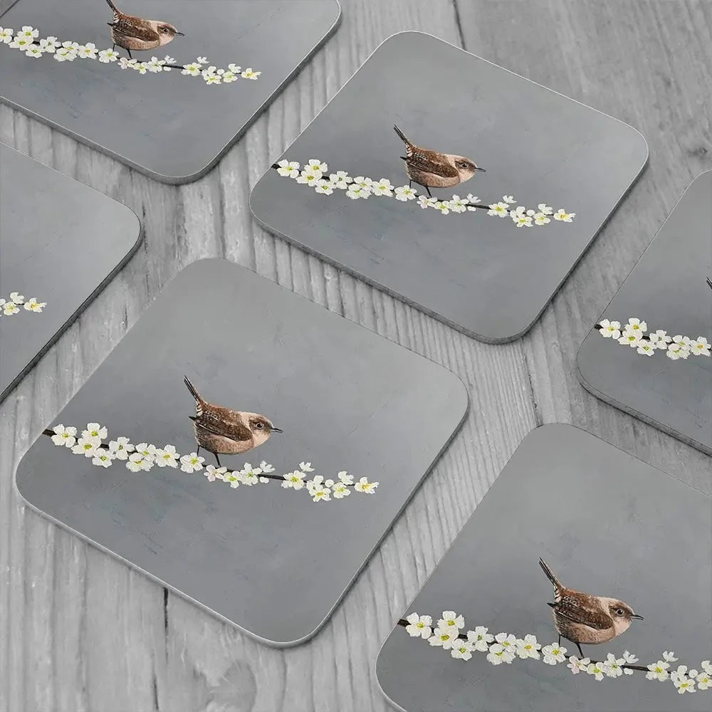 Little Wren On Cherry Blossom Coaster Set Rainbow Soul Tree Coaster Set | Rainbow Soul Tree Art Coasters wall art product Laure Bury