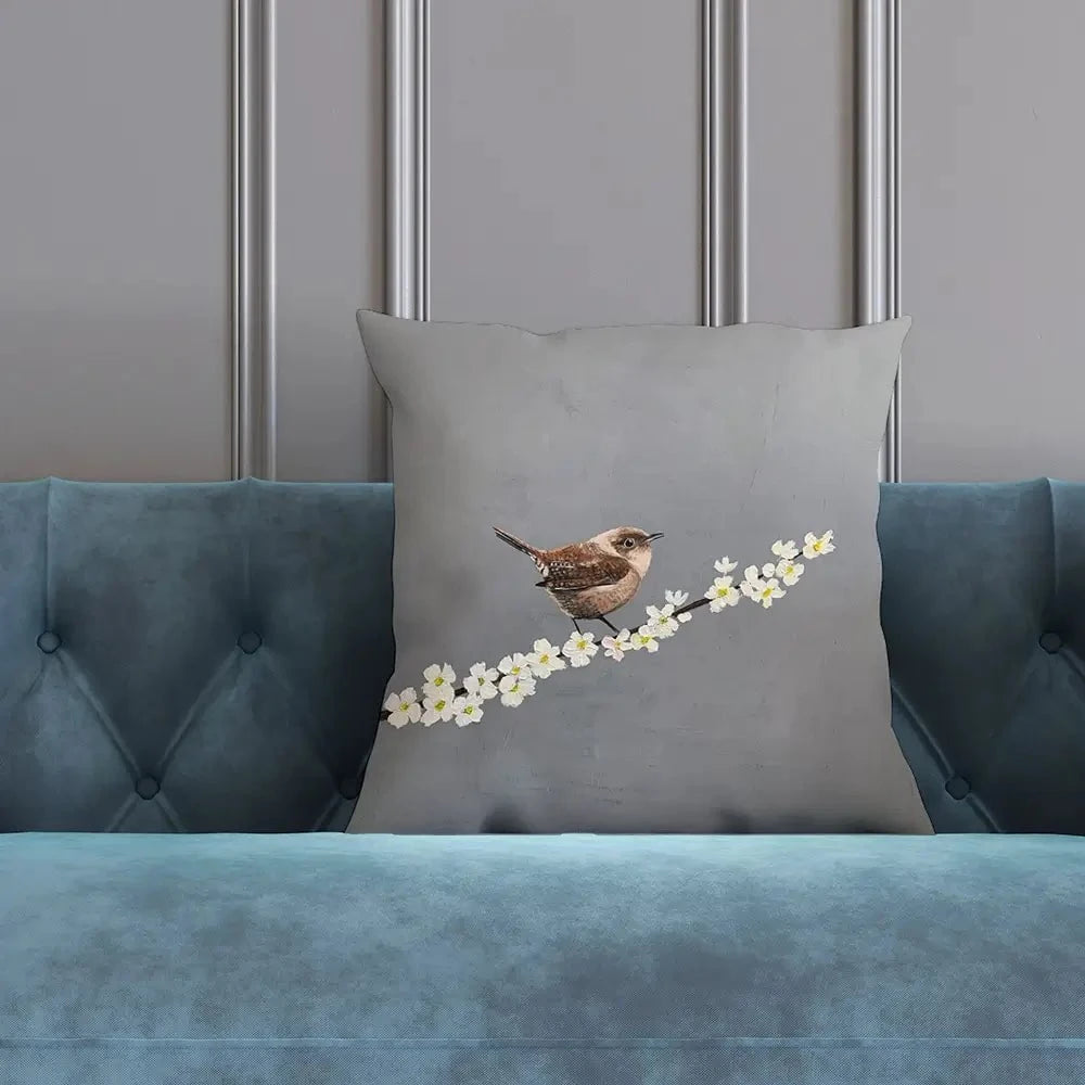 Little Wren On Cherry Blossom Cushion Little Wren On Cherry Blossom Cushion wall art product Laure Bury