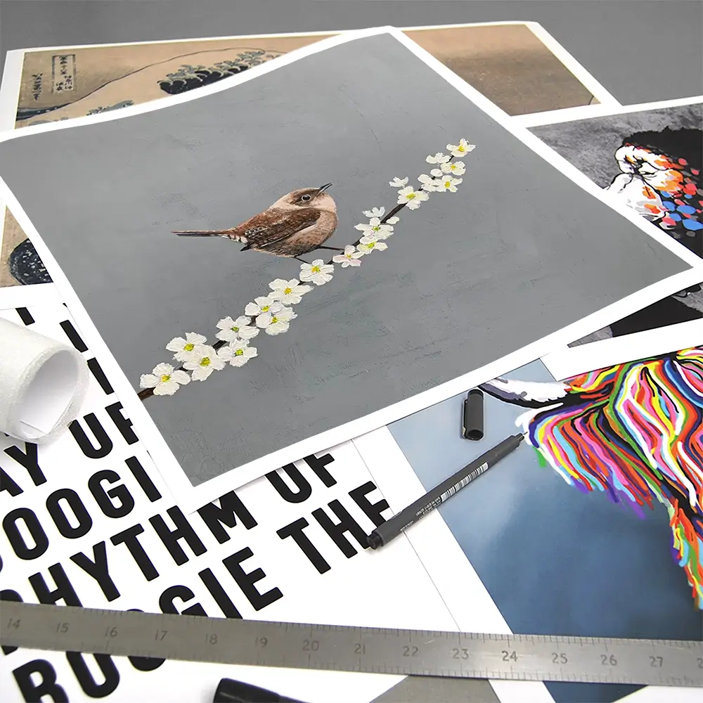 Little Wren On Cherry Blossom Square Art Print Little Wren On Cherry Blossom Square Art Print wall art product Laure Bury