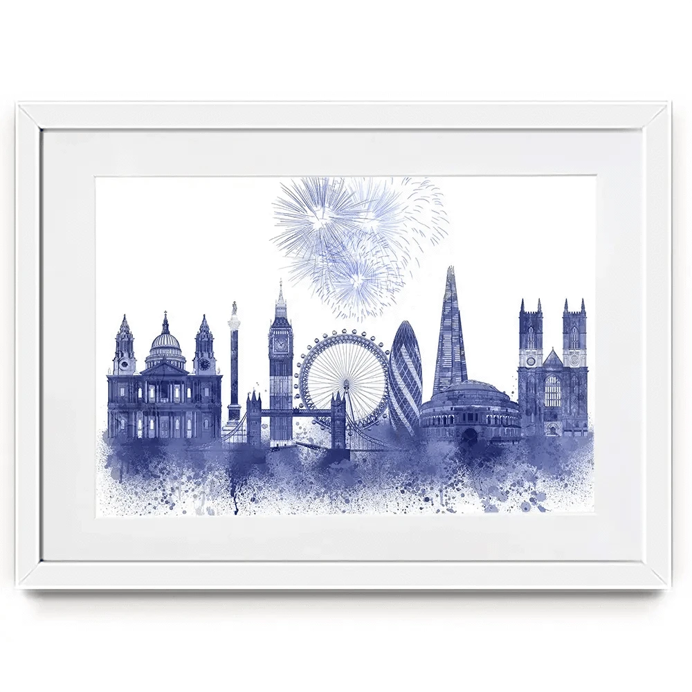 London Skyline Watercolour Splash Blue Framed Art Print London Skyline Watercolour Splash Blue Framed Art Print wall art product Fab Funky