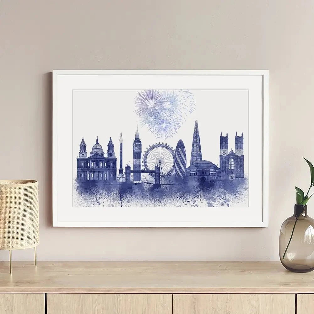 London Skyline Watercolour Splash Blue Framed Art Print London Skyline Watercolour Splash Blue Framed Art Print wall art product Fab Funky