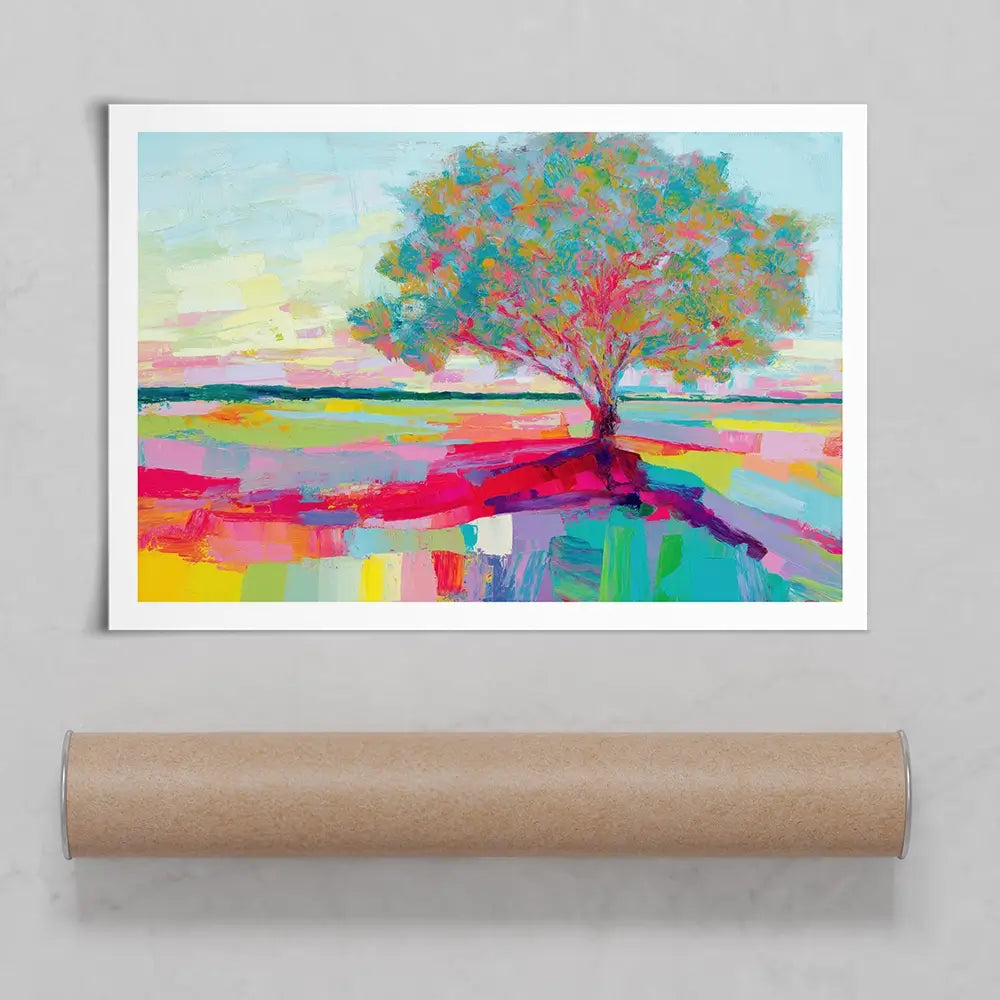 Lone Oak In A Vivid Field Art Print Lone Oak In A Vivid Field Art Print wall art product Chromatic Storm Studio