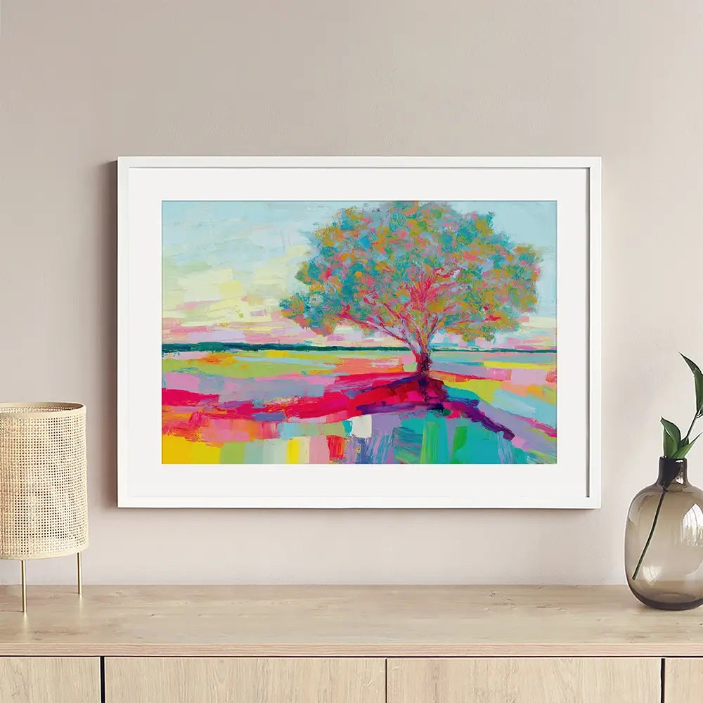 Lone Oak In A Vivid Field Framed Art Print Lone Oak In A Vivid Field Framed Art Print wall art product Chromatic Storm Studio