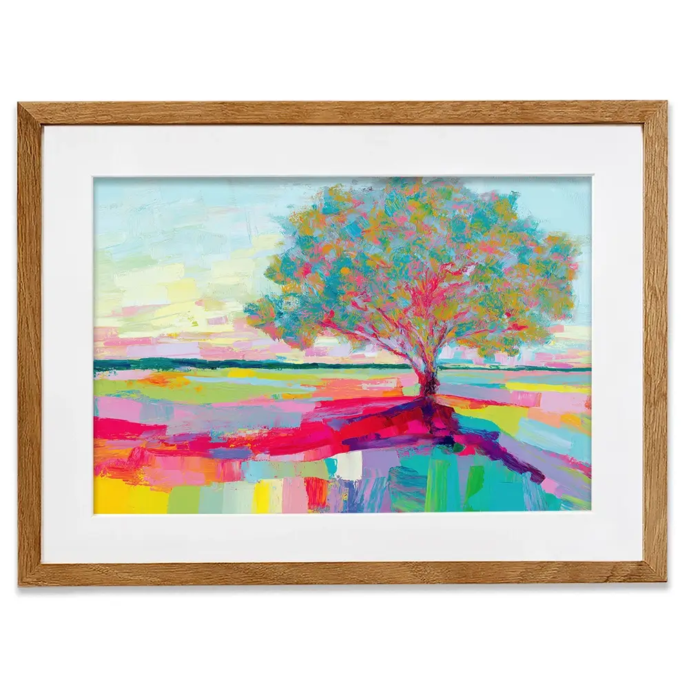 Lone Oak In A Vivid Field Framed Art Print Lone Oak In A Vivid Field Framed Art Print wall art product Chromatic Storm Studio