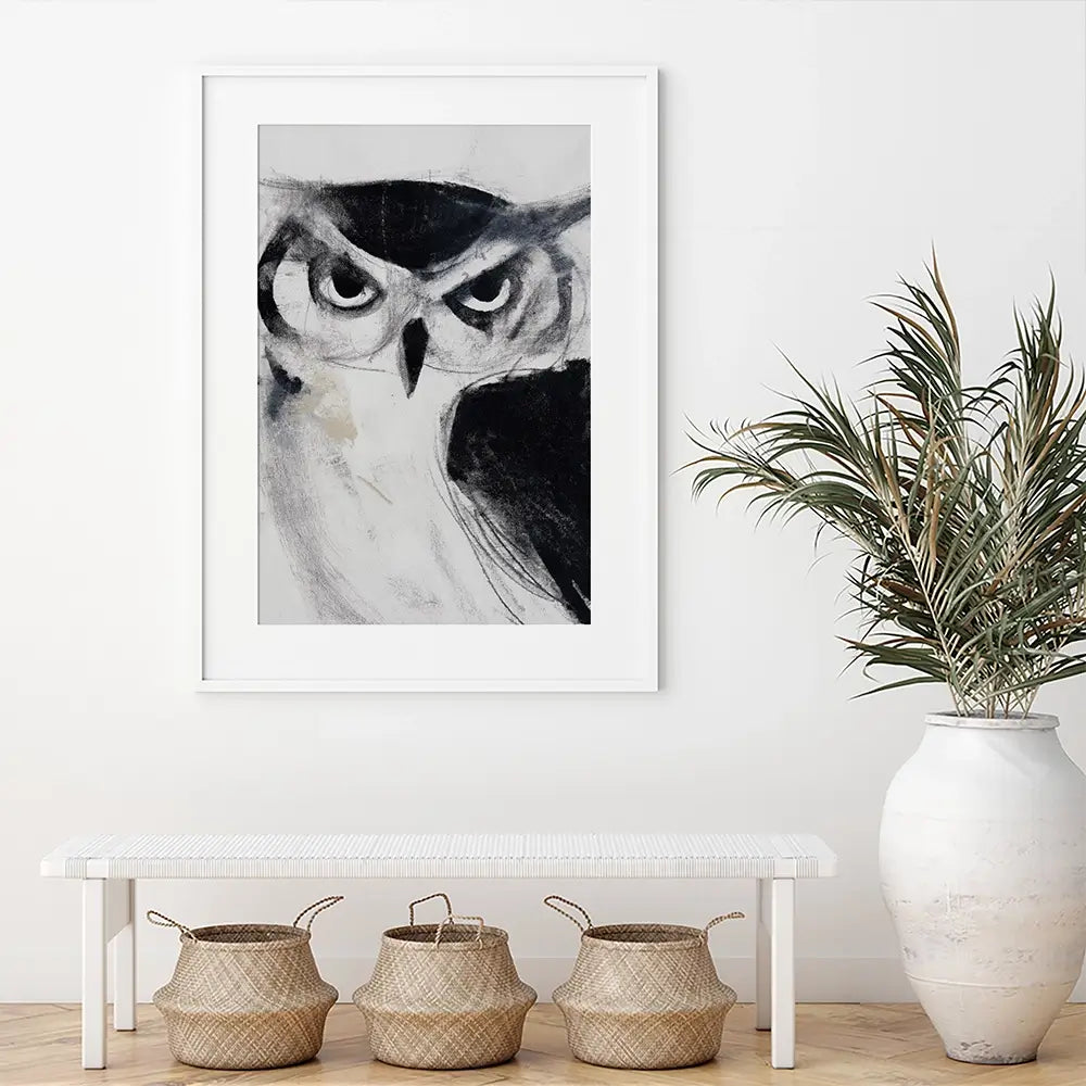 Midnight Owl Gaze Framed Art Print Midnight Owl Gaze Framed Art Print wall art product Chromatic Storm Studio