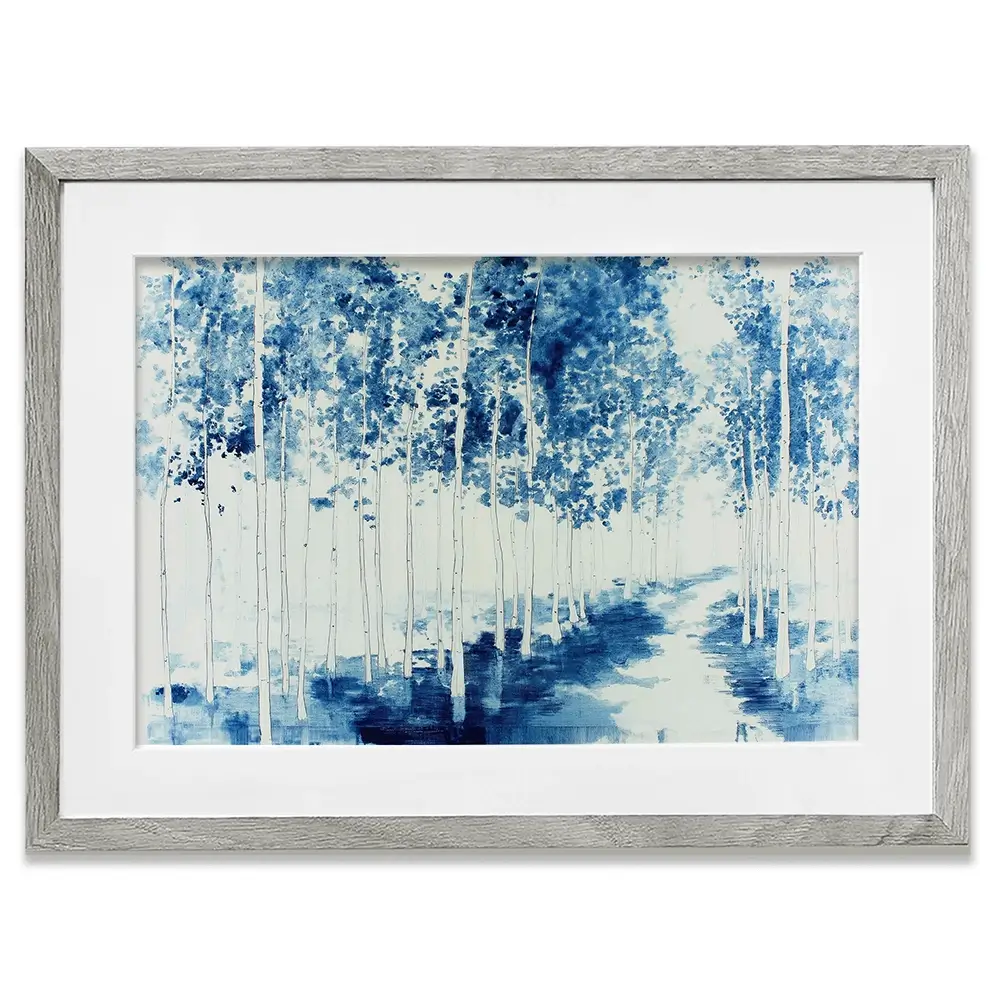 Misty Birch Forest Path Framed Art Print Misty Birch Forest Path Framed Art Print wall art product Chromatic Storm Studio