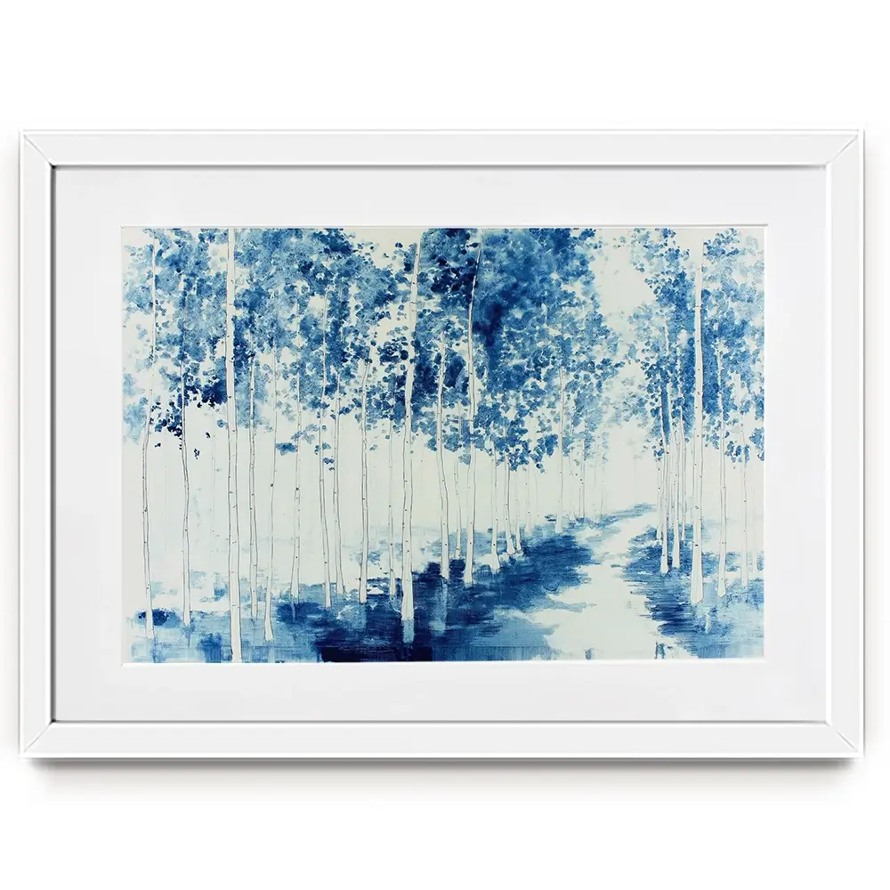 Misty Birch Forest Path Framed Art Print Misty Birch Forest Path Framed Art Print wall art product Chromatic Storm Studio