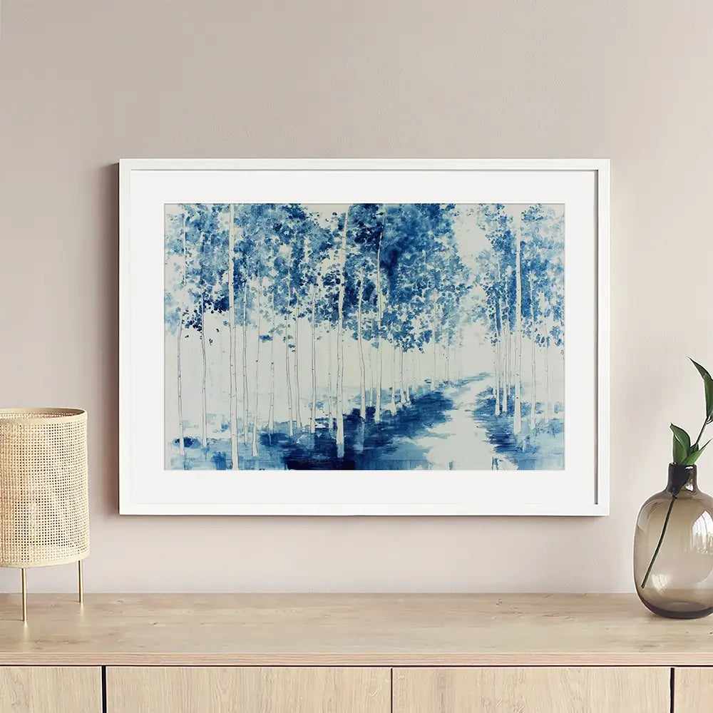 Misty Birch Forest Path Framed Art Print Misty Birch Forest Path Framed Art Print wall art product Chromatic Storm Studio