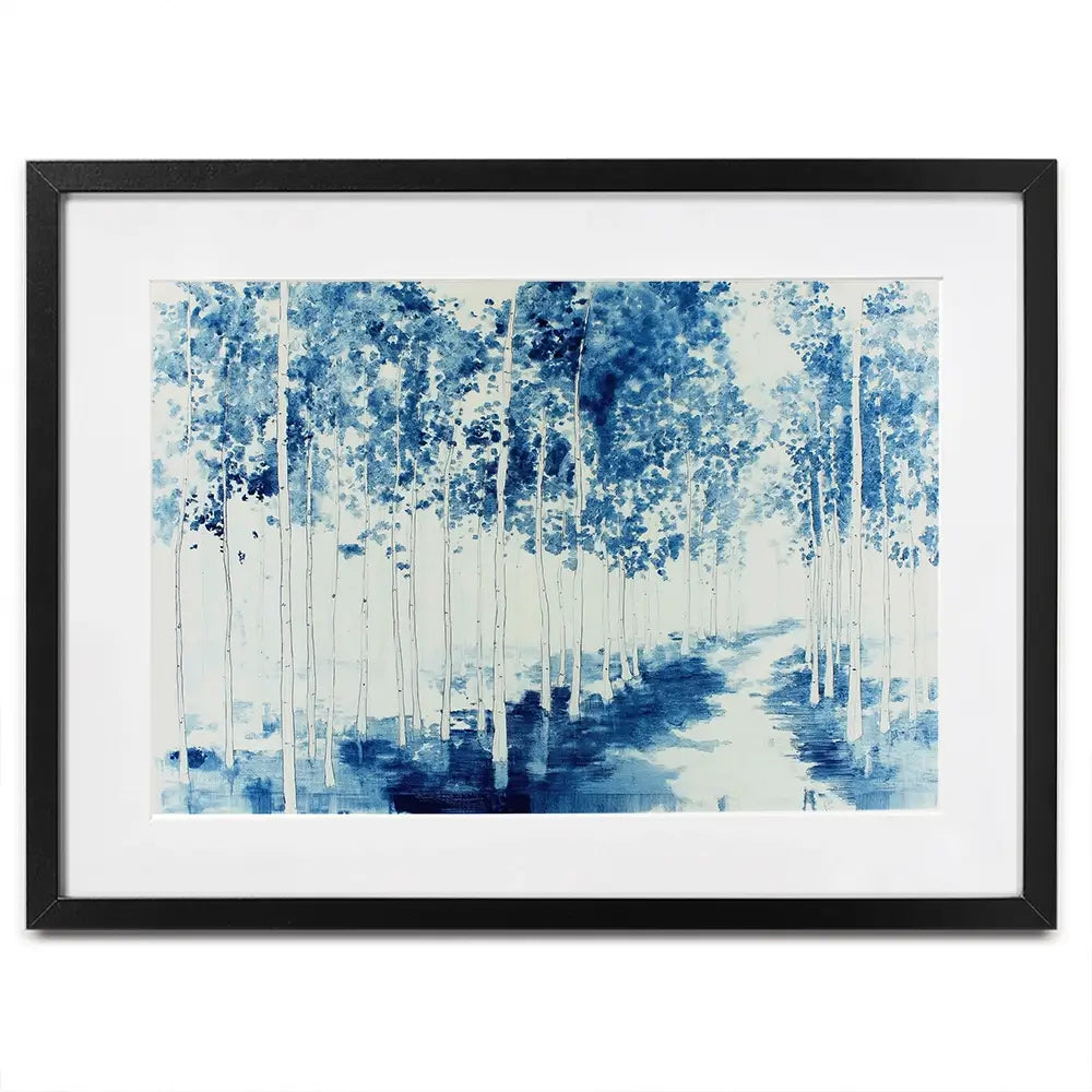 Misty Birch Forest Path Framed Art Print Misty Birch Forest Path Framed Art Print wall art product Chromatic Storm Studio