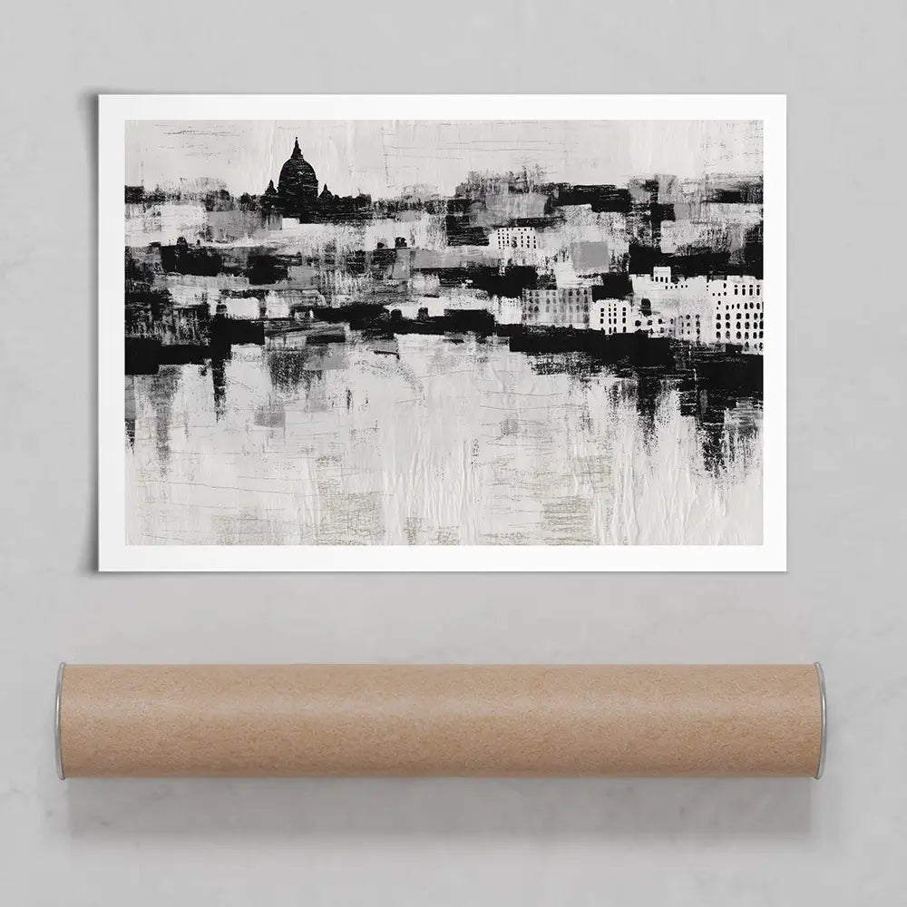 Misty Canal Skyline Art Print Misty Canal Skyline Art Print wall art product Chromatic Storm Studio