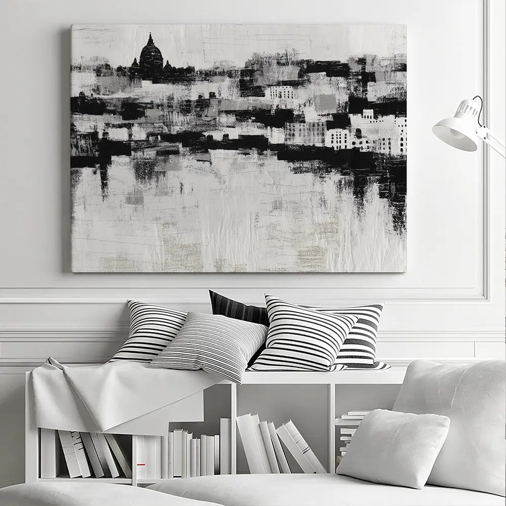 Misty Canal Skyline Canvas Print Misty Canal Skyline Canvas Print wall art product Chromatic Storm Studio