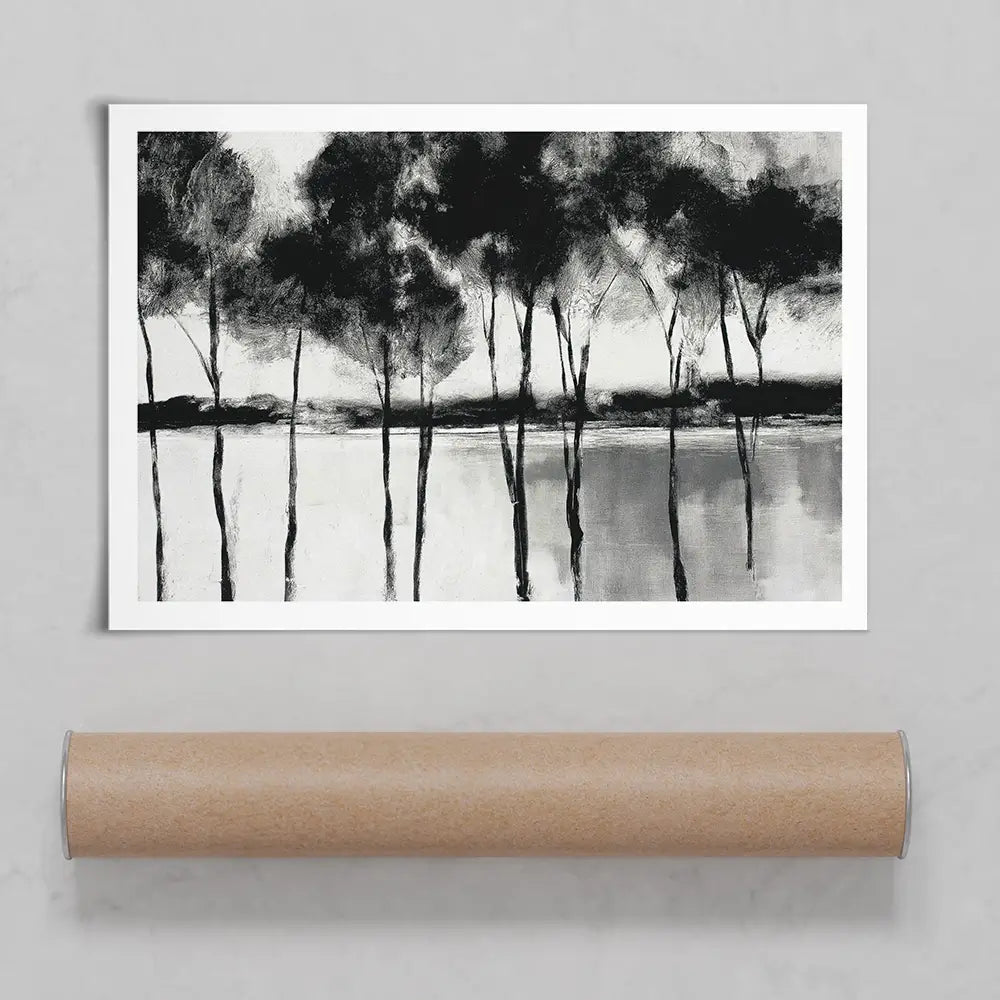Misty Lakeside Trees Art Print Misty Lakeside Trees Art Print wall art product Chromatic Storm Studio