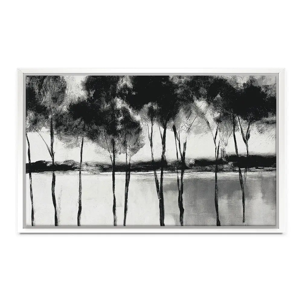 Misty Lakeside Trees Canvas Print Misty Lakeside Trees Canvas Print wall art product Chromatic Storm Studio
