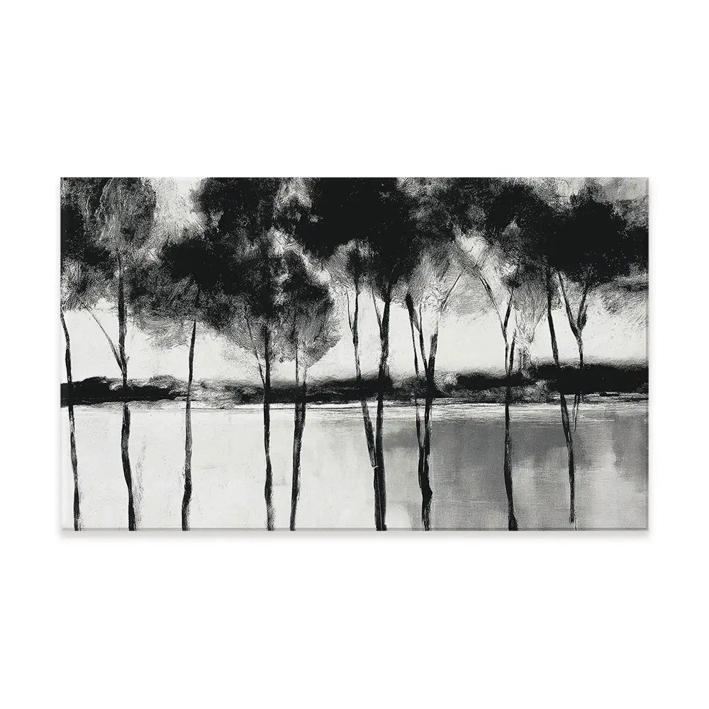Misty Lakeside Trees Canvas Print Misty Lakeside Trees Canvas Print wall art product Chromatic Storm Studio