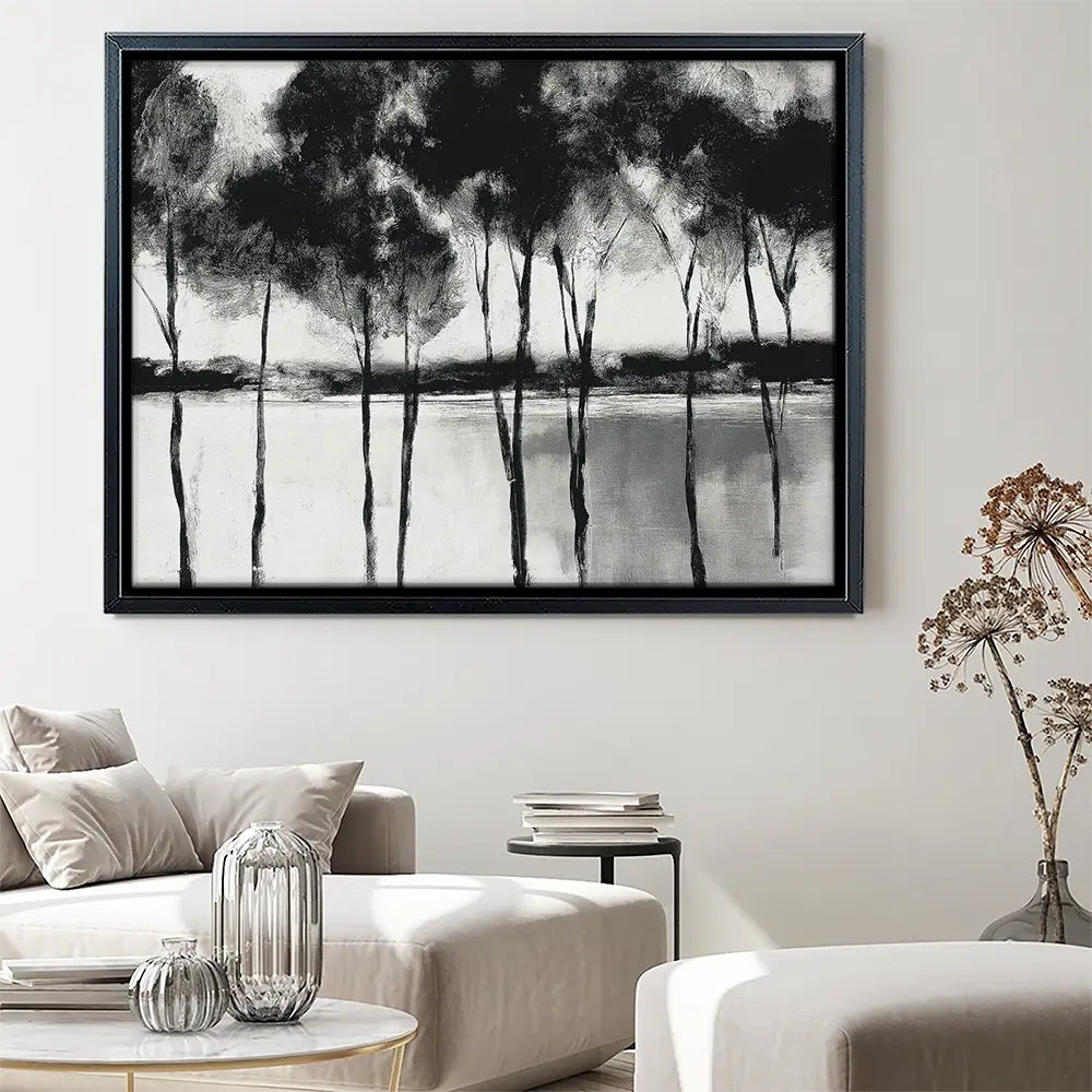 Misty Lakeside Trees Canvas Print Misty Lakeside Trees Canvas Print wall art product Chromatic Storm Studio