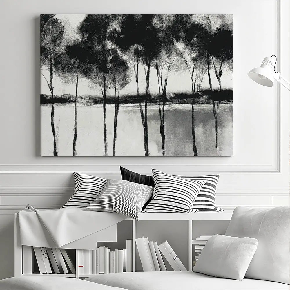 Misty Lakeside Trees Canvas Print Misty Lakeside Trees Canvas Print wall art product Chromatic Storm Studio