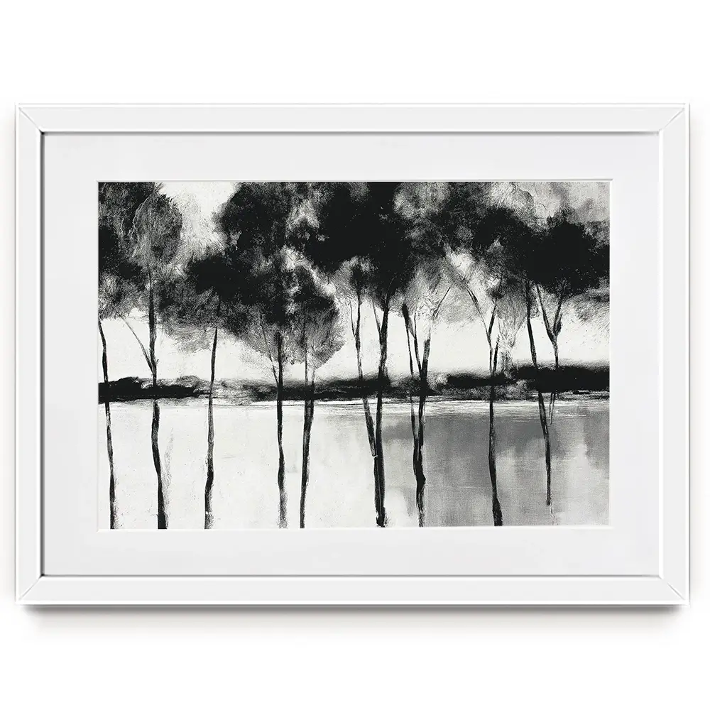 Misty Lakeside Trees Framed Art Print Misty Lakeside Trees Framed Art Print wall art product Chromatic Storm Studio