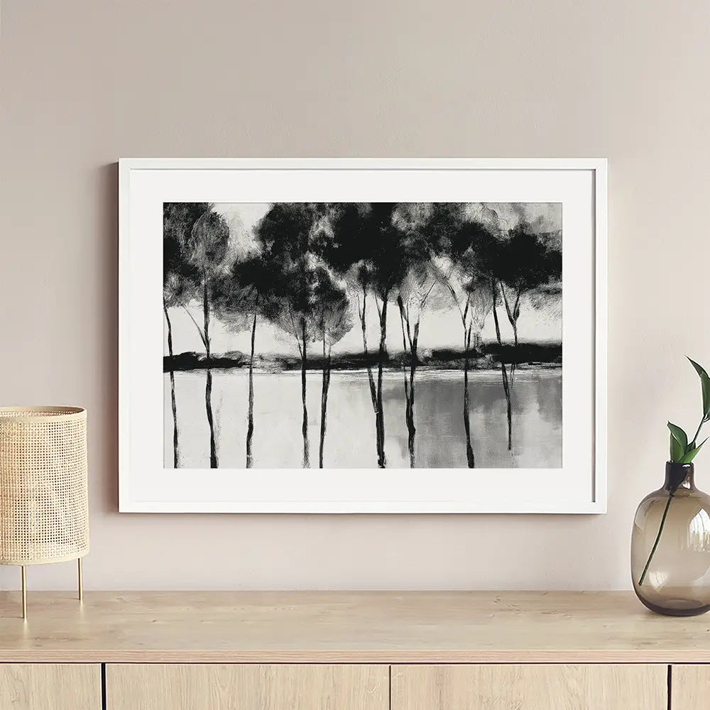 Misty Lakeside Trees Framed Art Print Misty Lakeside Trees Framed Art Print wall art product Chromatic Storm Studio