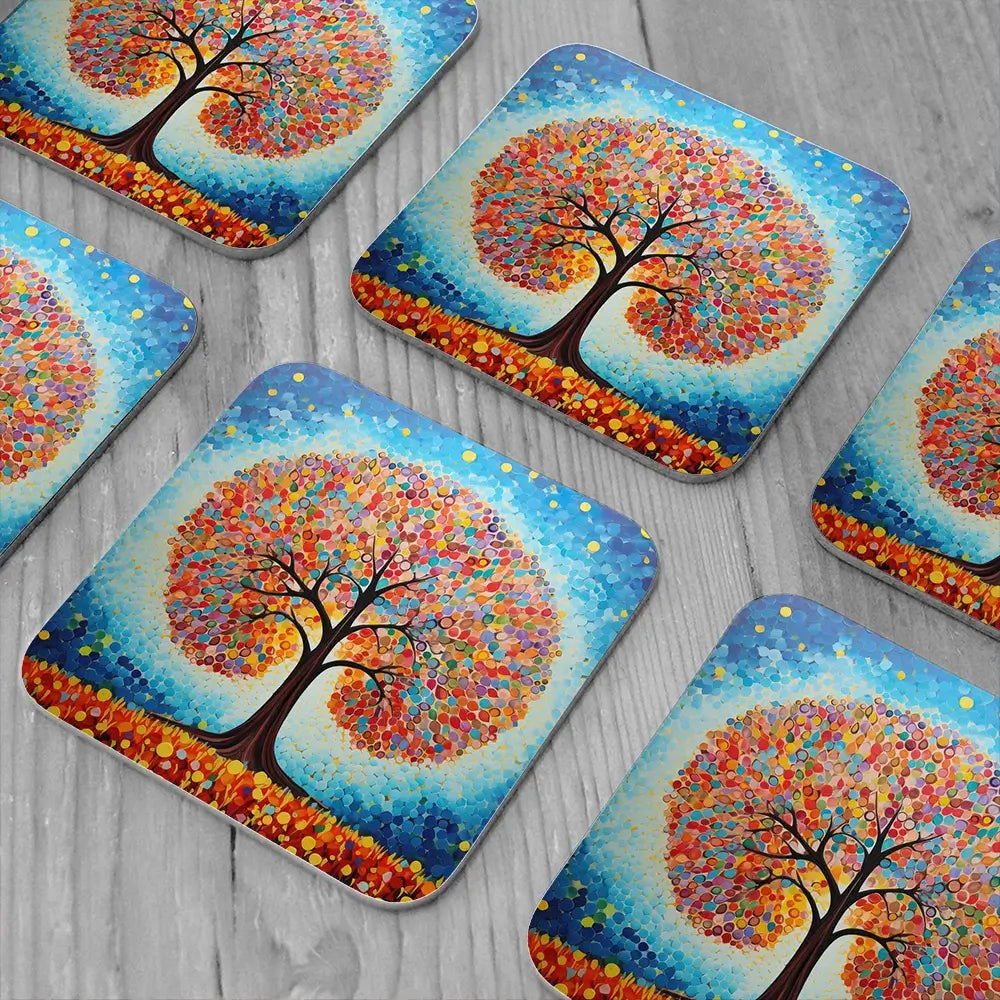 Modern Colourful Tree Of Life Coaster Set Rainbow Soul Tree Coaster Set | Rainbow Soul Tree Art Coasters wall art product Gina Kelly - Independent